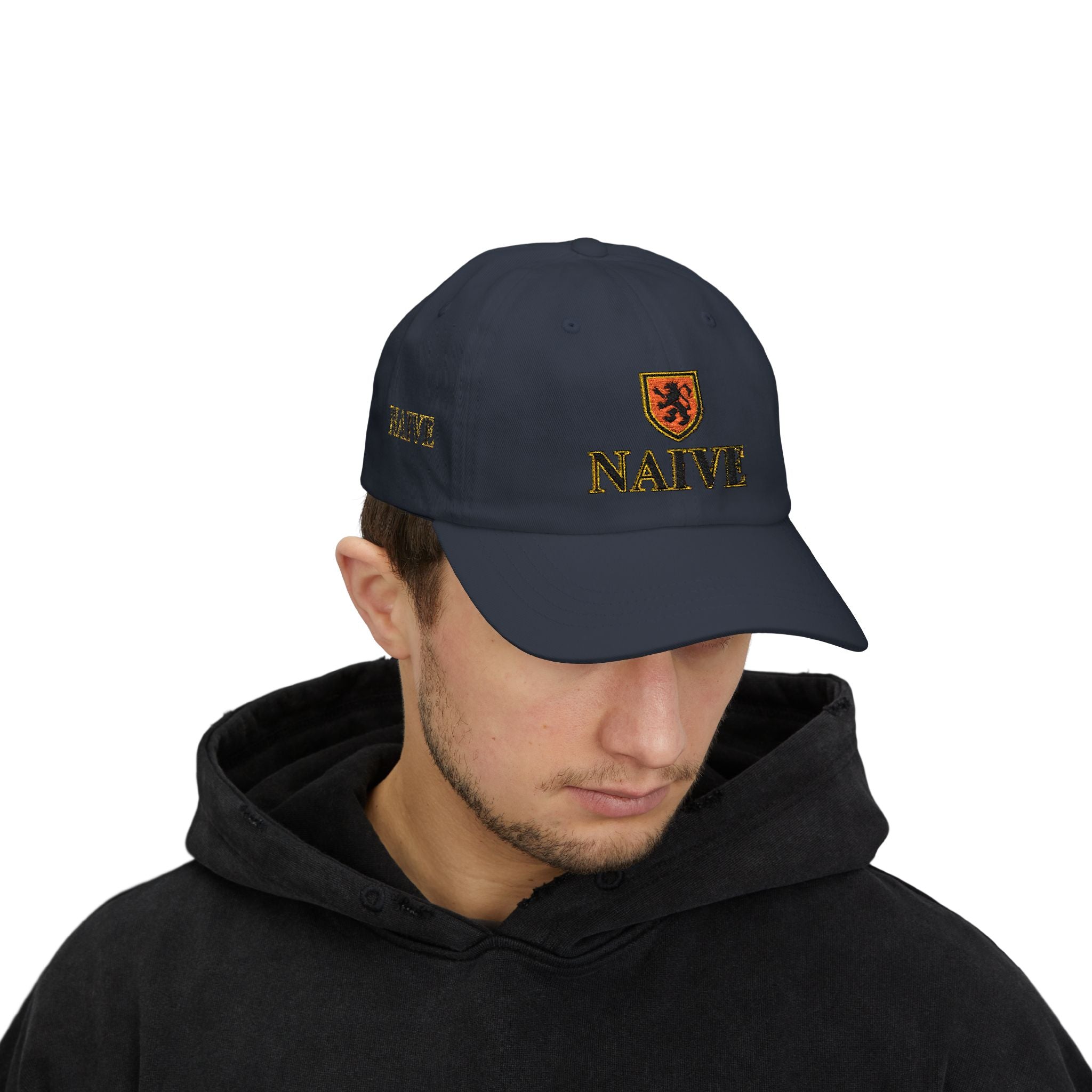 Naive Industries Embroidered Crest Classic Dad Cap | White Cotton Baseball Hat