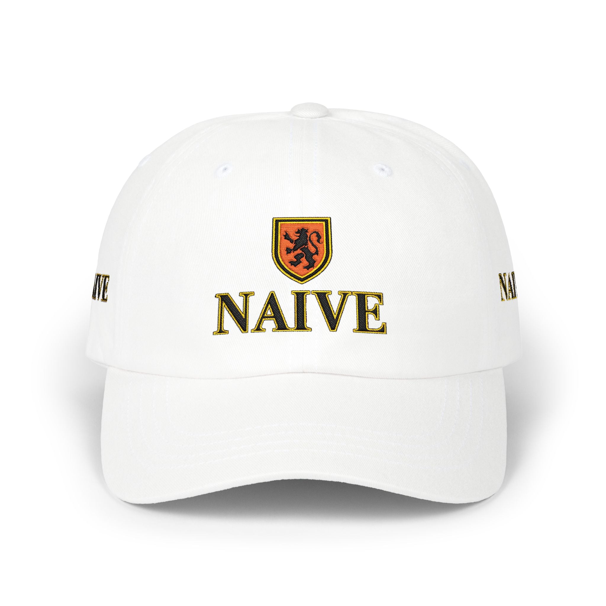 Naive Industries Embroidered Crest Classic Dad Cap | White Cotton Baseball Hat
