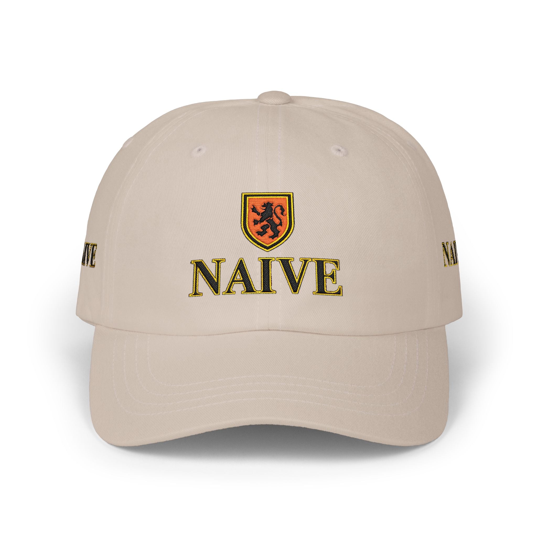Naive Industries Embroidered Crest Classic Dad Cap | White Cotton Baseball Hat