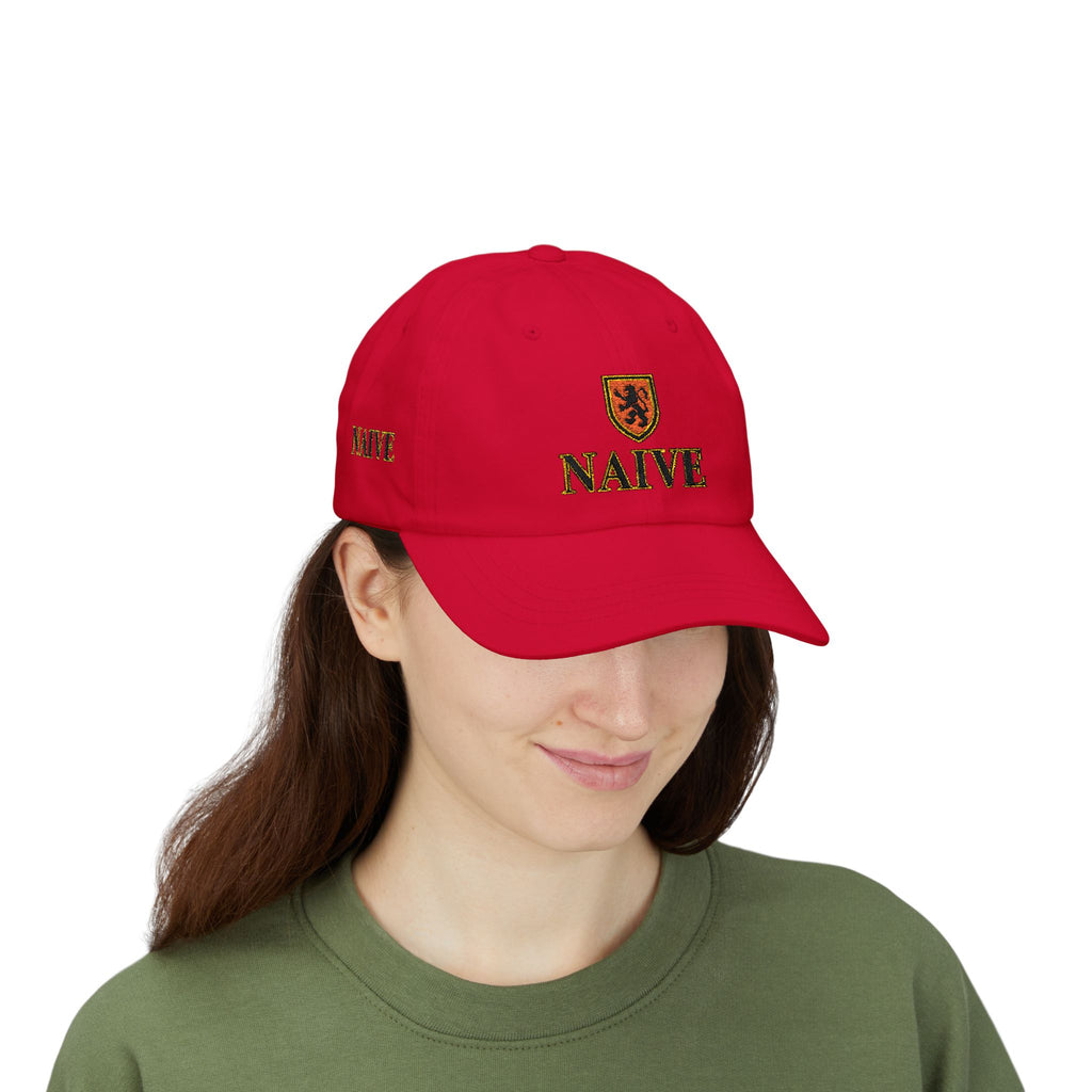 Naive Industries Embroidered Crest Classic Dad Cap | White Cotton Baseball Hat