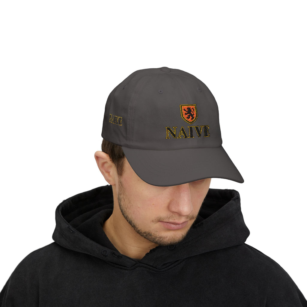 Naive Industries Embroidered Crest Classic Dad Cap | White Cotton Baseball Hat