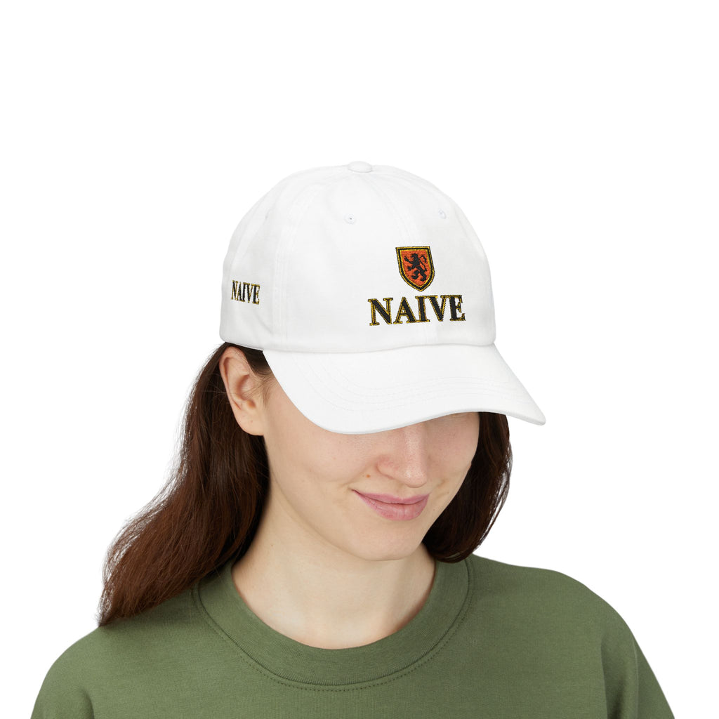 Naive Industries Embroidered Crest Classic Dad Cap | White Cotton Baseball Hat