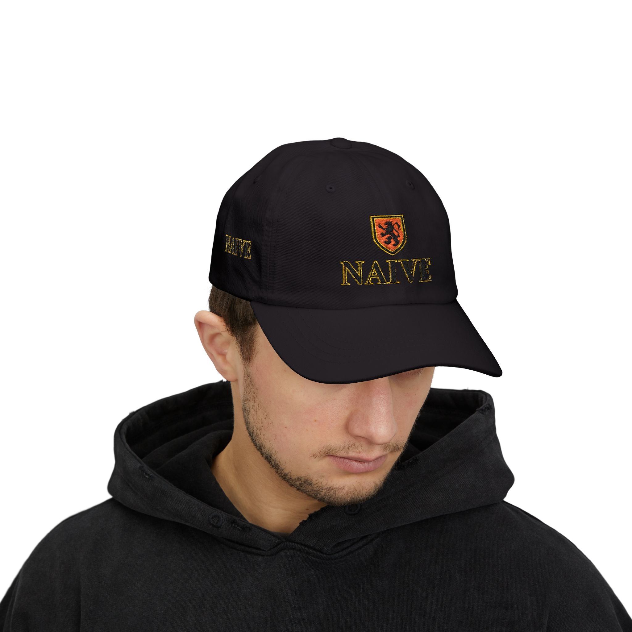 Naive Industries Embroidered Crest Classic Dad Cap | White Cotton Baseball Hat
