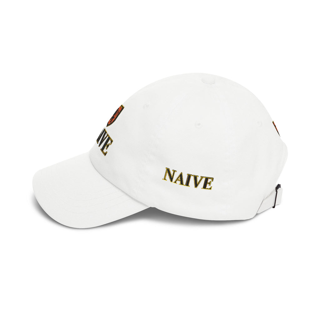 Naive Industries Embroidered Crest Classic Dad Cap | White Cotton Baseball Hat