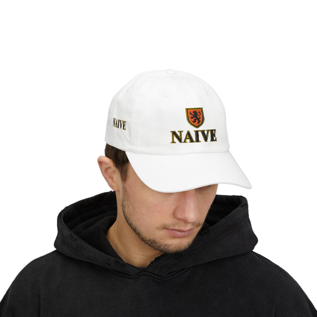 Naive Industries Embroidered Crest Classic Dad Cap | White Cotton Baseball Hat