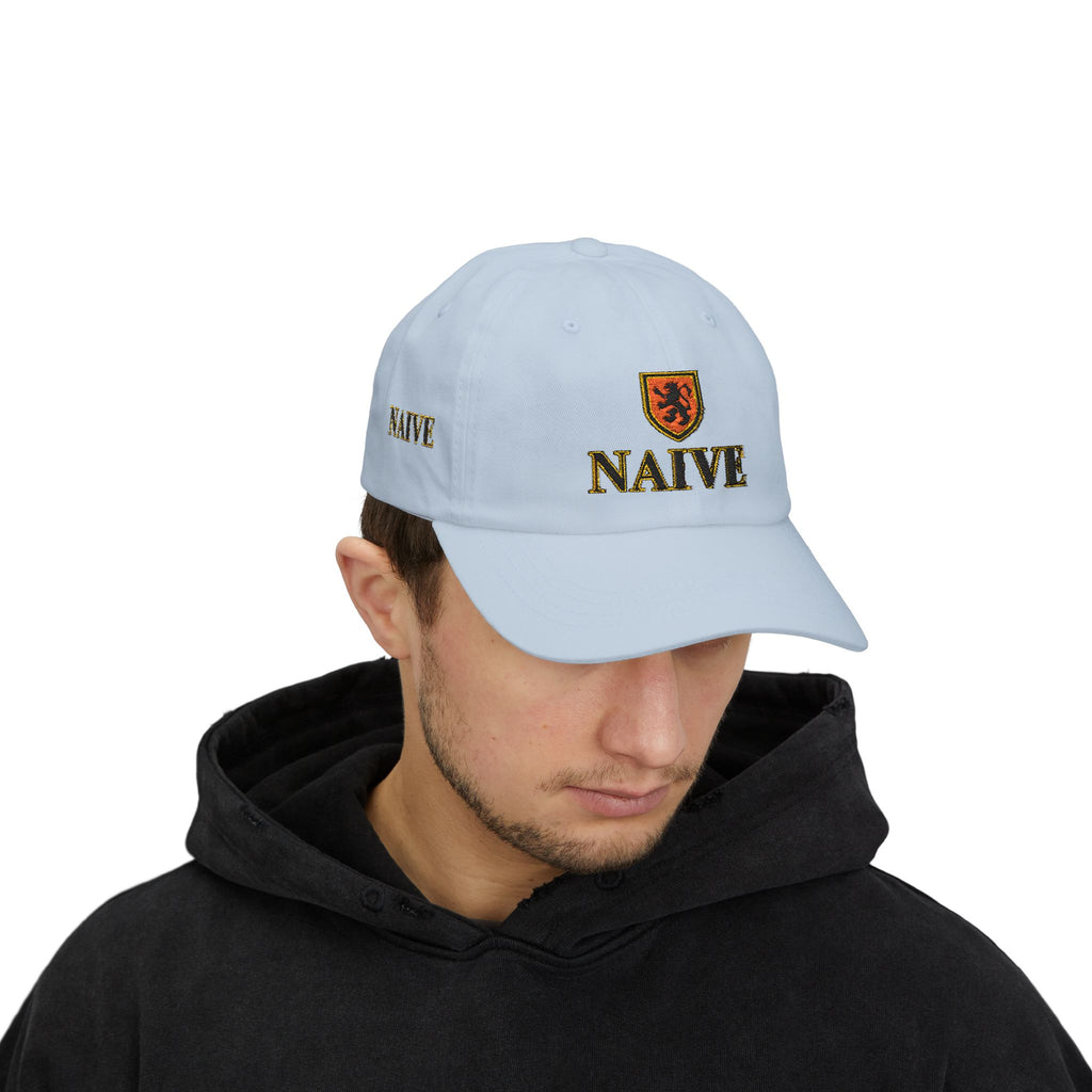 Naive Industries Embroidered Crest Classic Dad Cap | White Cotton Baseball Hat