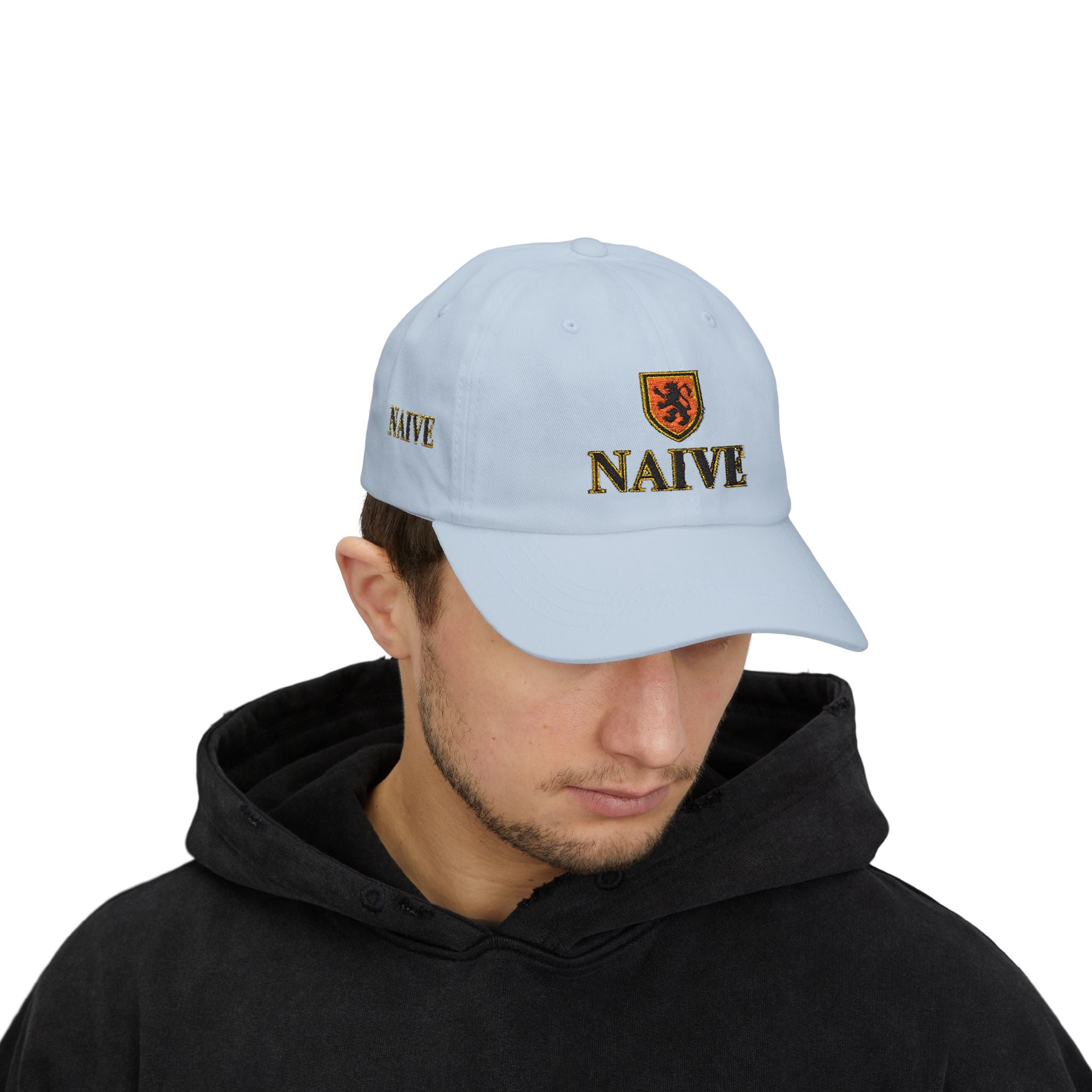 Naive Industries Embroidered Crest Classic Dad Cap | White Cotton Baseball Hat