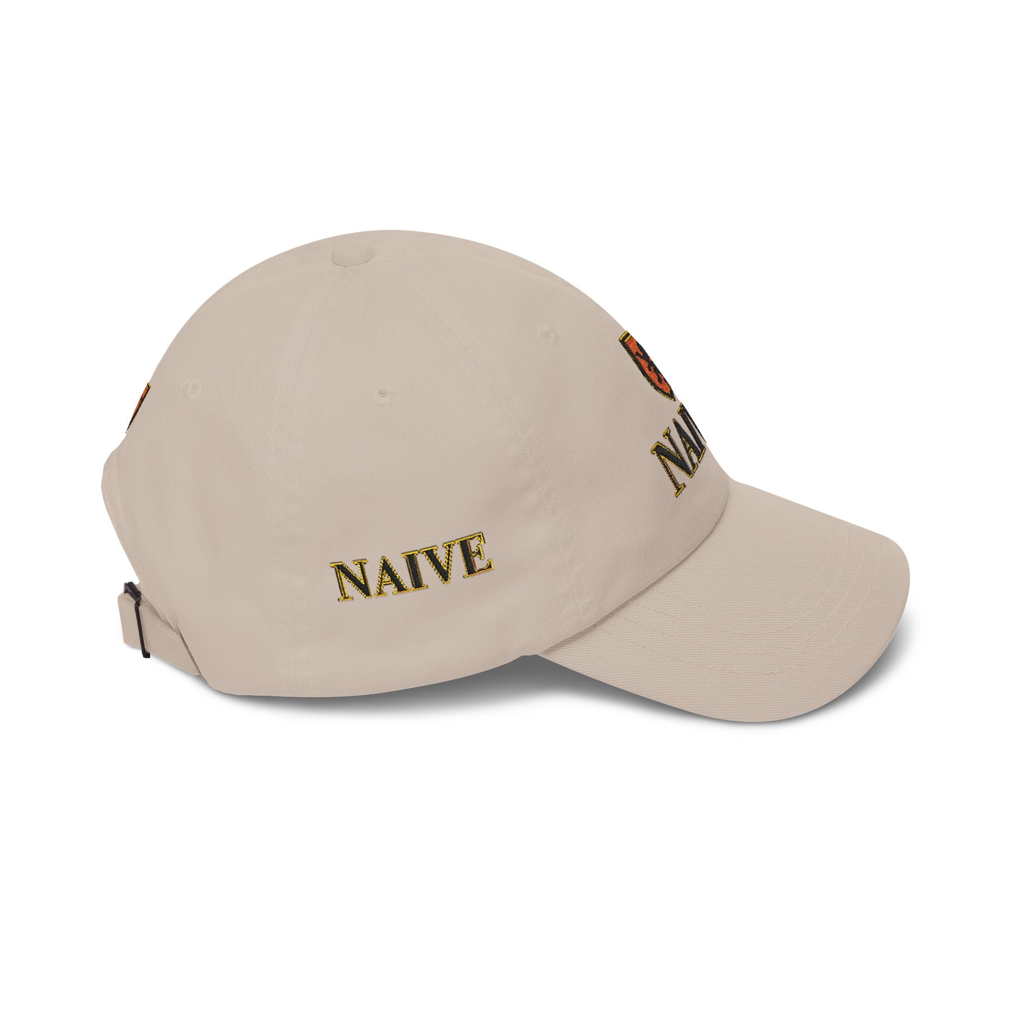 Naive Industries Embroidered Crest Classic Dad Cap | White Cotton Baseball Hat