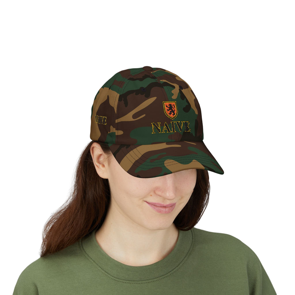 Naive Industries Embroidered Crest Classic Dad Cap | White Cotton Baseball Hat