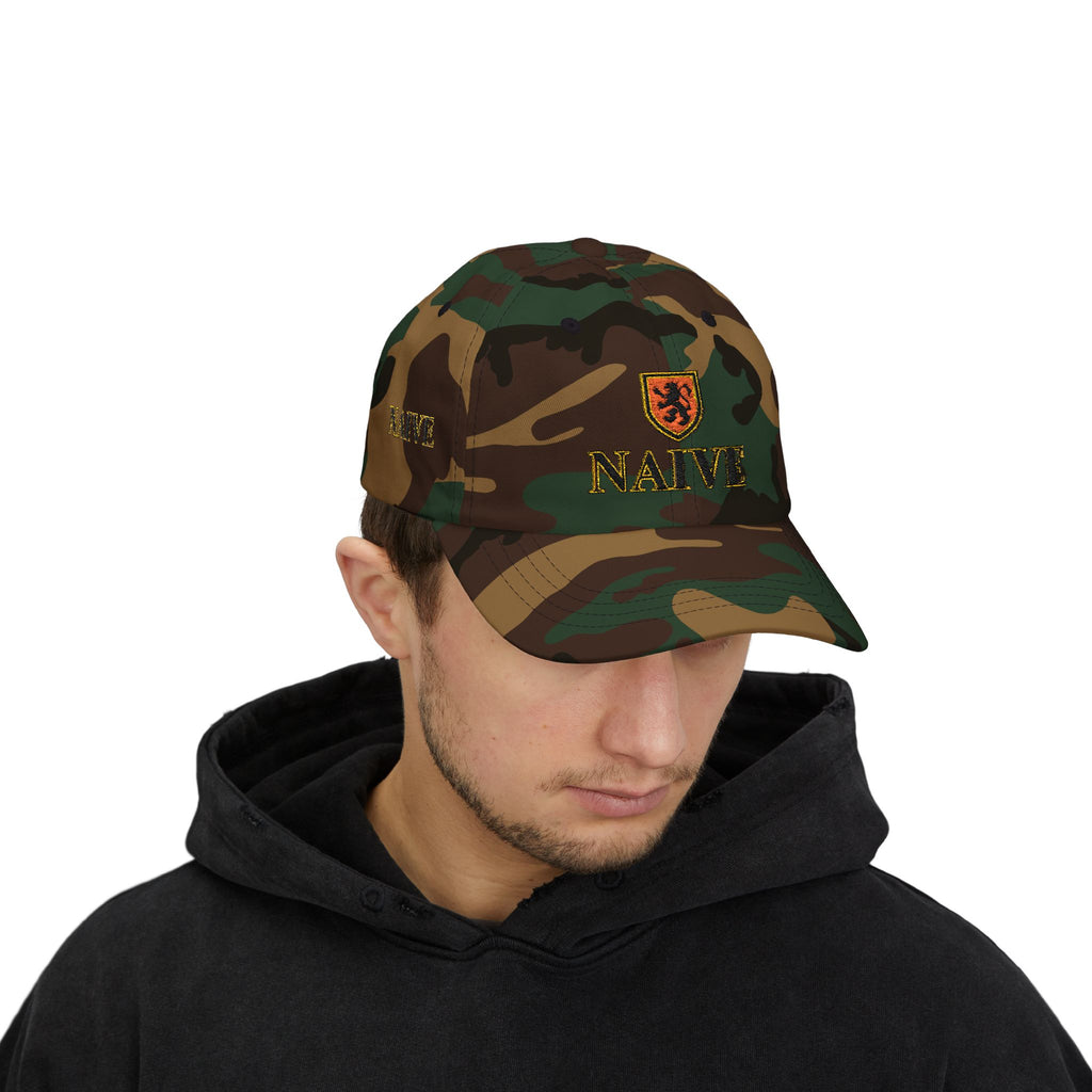 Naive Industries Embroidered Crest Classic Dad Cap | White Cotton Baseball Hat