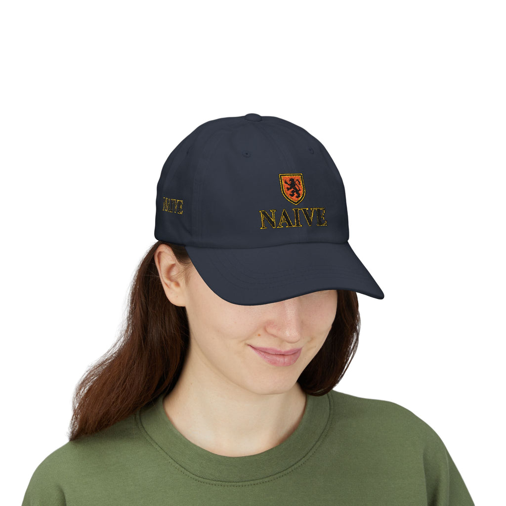 Naive Industries Embroidered Crest Classic Dad Cap | White Cotton Baseball Hat