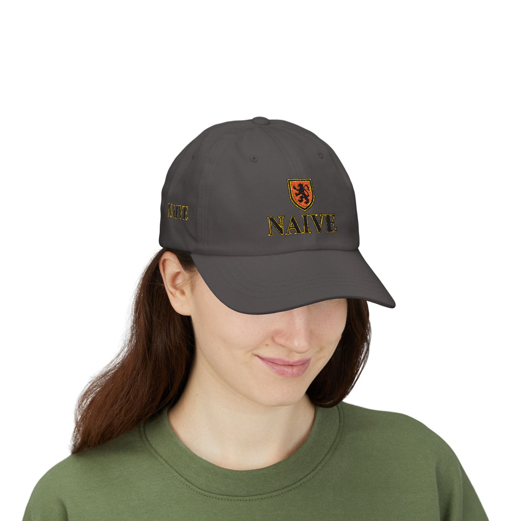 Naive Industries Embroidered Crest Classic Dad Cap | White Cotton Baseball Hat