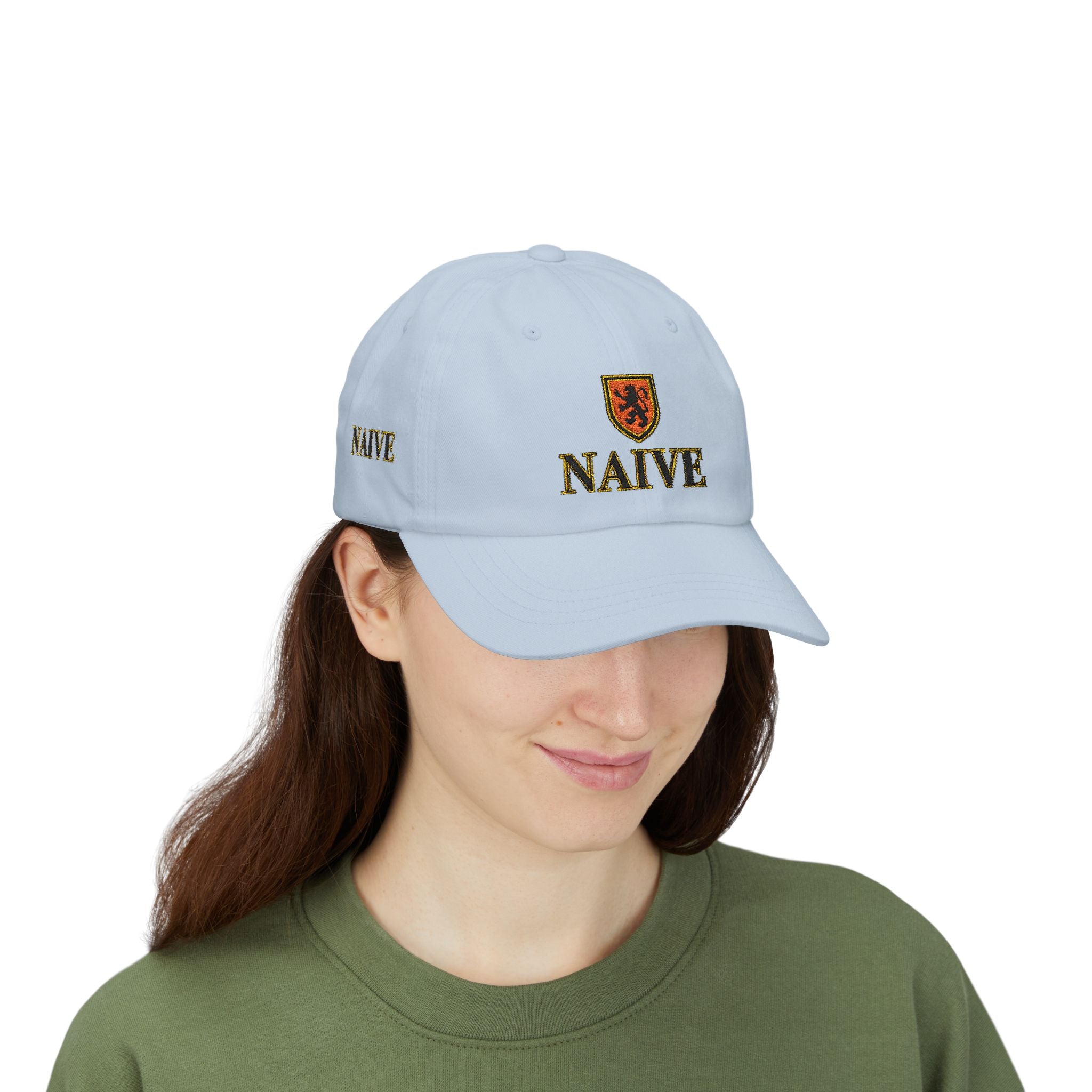 Naive Industries Embroidered Crest Classic Dad Cap | White Cotton Baseball Hat