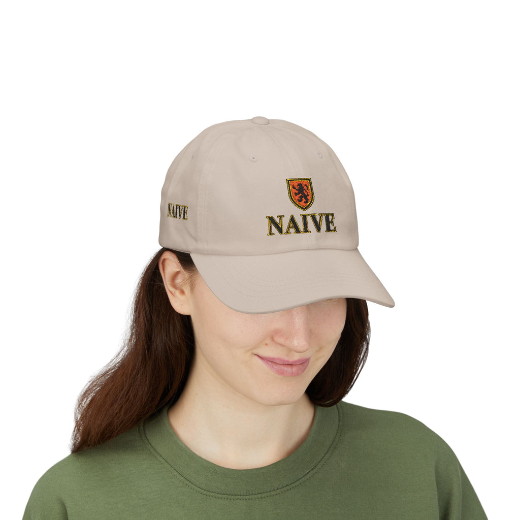 Naive Industries Embroidered Crest Classic Dad Cap | White Cotton Baseball Hat