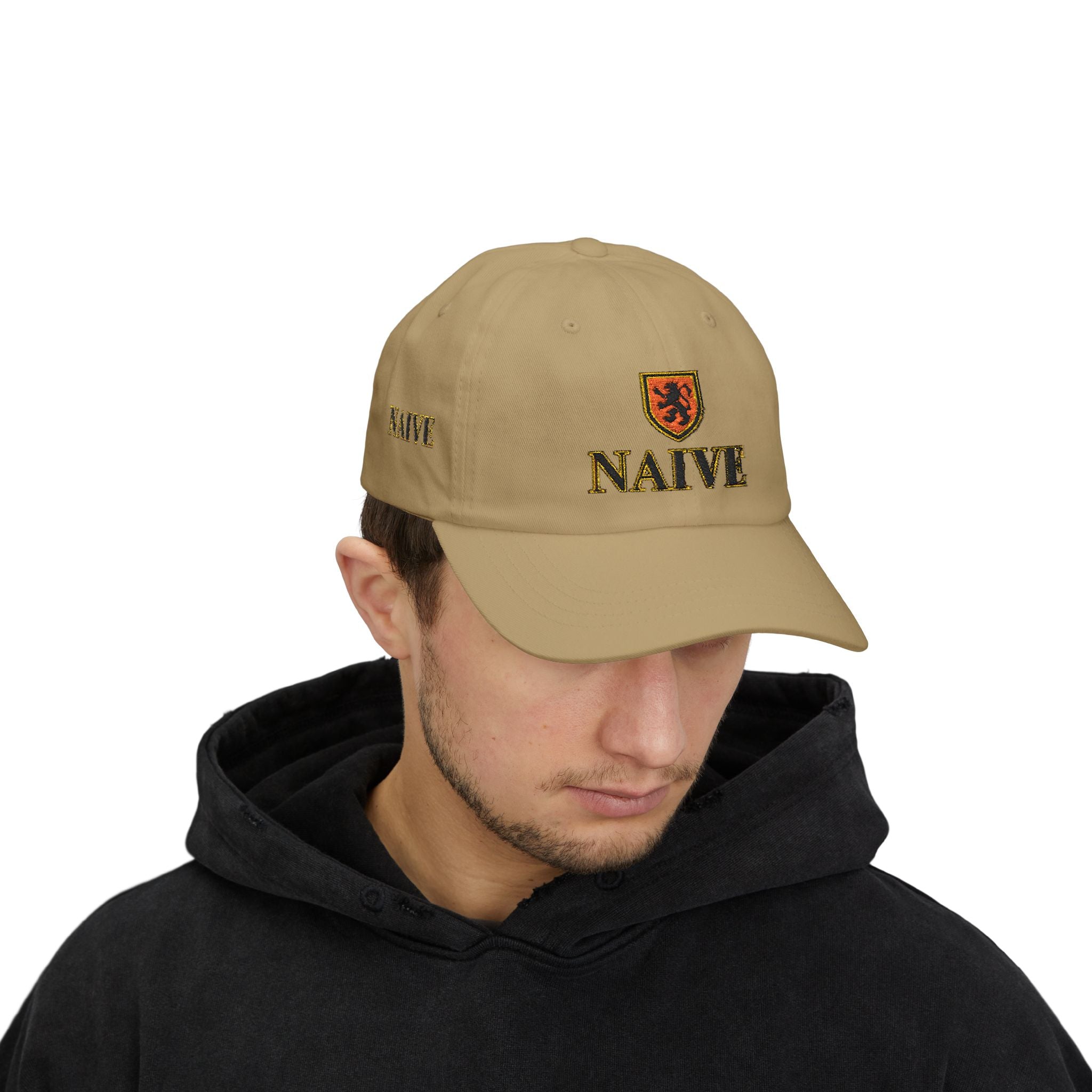 Naive Industries Embroidered Crest Classic Dad Cap | White Cotton Baseball Hat