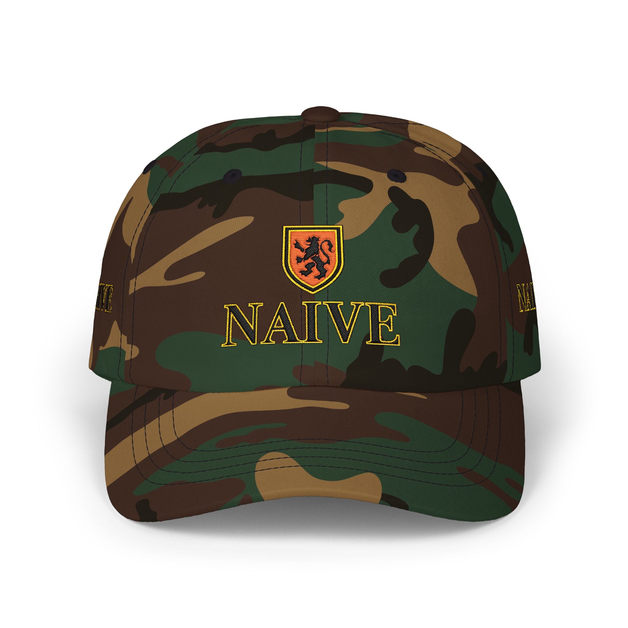 Naive Industries Embroidered Crest Classic Dad Cap | White Cotton Baseball Hat