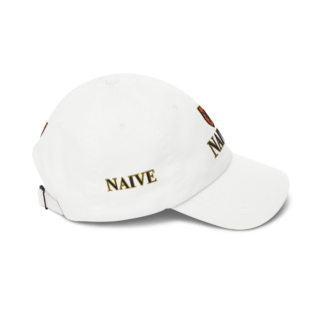 Naive Industries Embroidered Crest Classic Dad Cap | White Cotton Baseball Hat