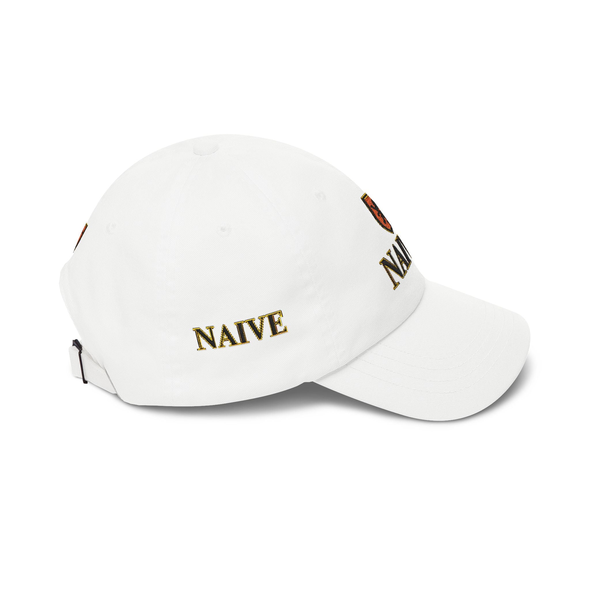 Naive Industries Embroidered Crest Classic Dad Cap | White Cotton Baseball Hat