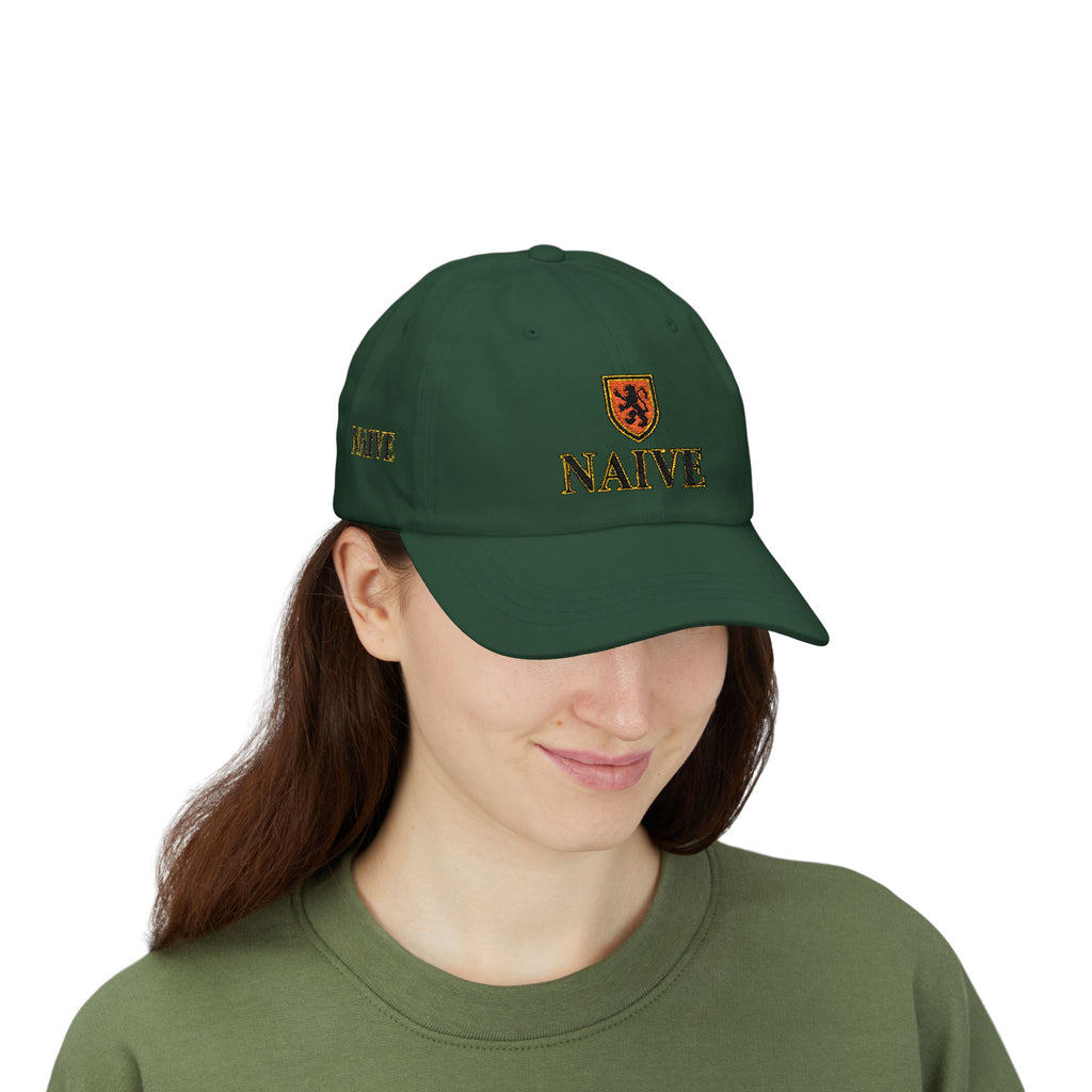 Naive Industries Embroidered Crest Classic Dad Cap | White Cotton Baseball Hat