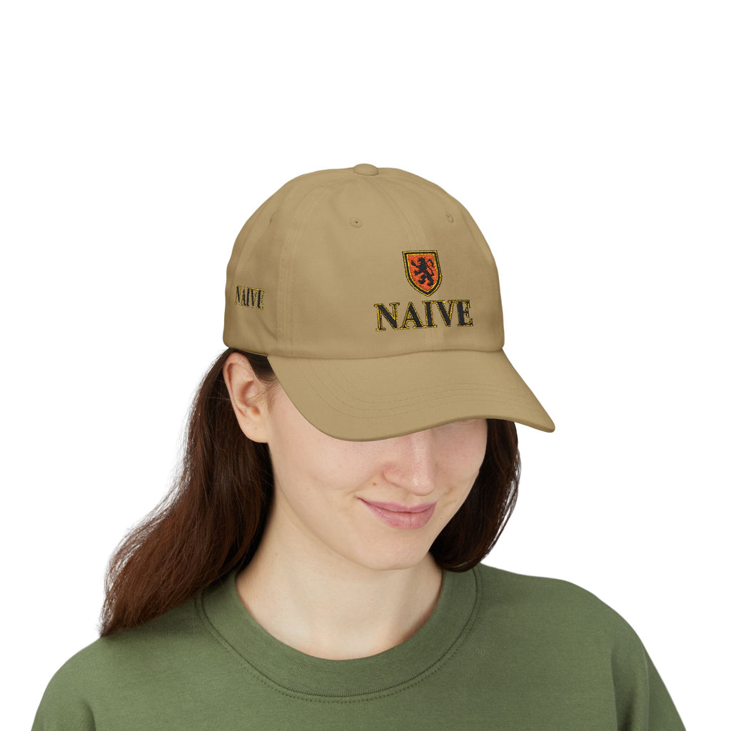 Naive Industries Embroidered Crest Classic Dad Cap | White Cotton Baseball Hat