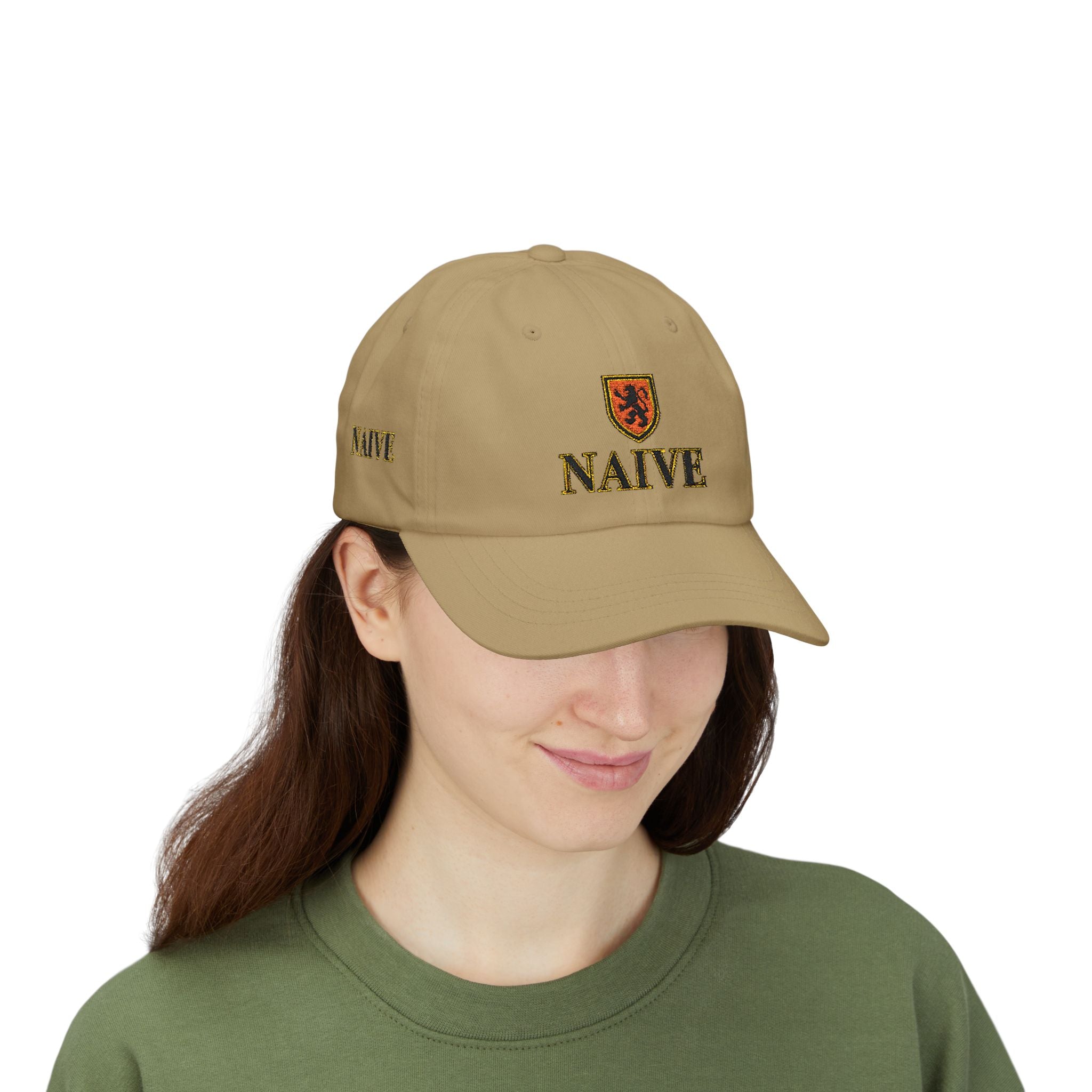 Naive Industries Embroidered Crest Classic Dad Cap | White Cotton Baseball Hat