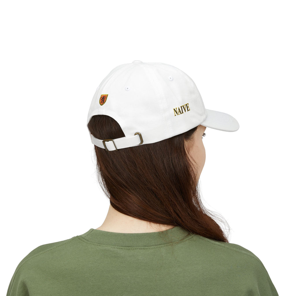 Naive Industries Embroidered Crest Classic Dad Cap | White Cotton Baseball Hat