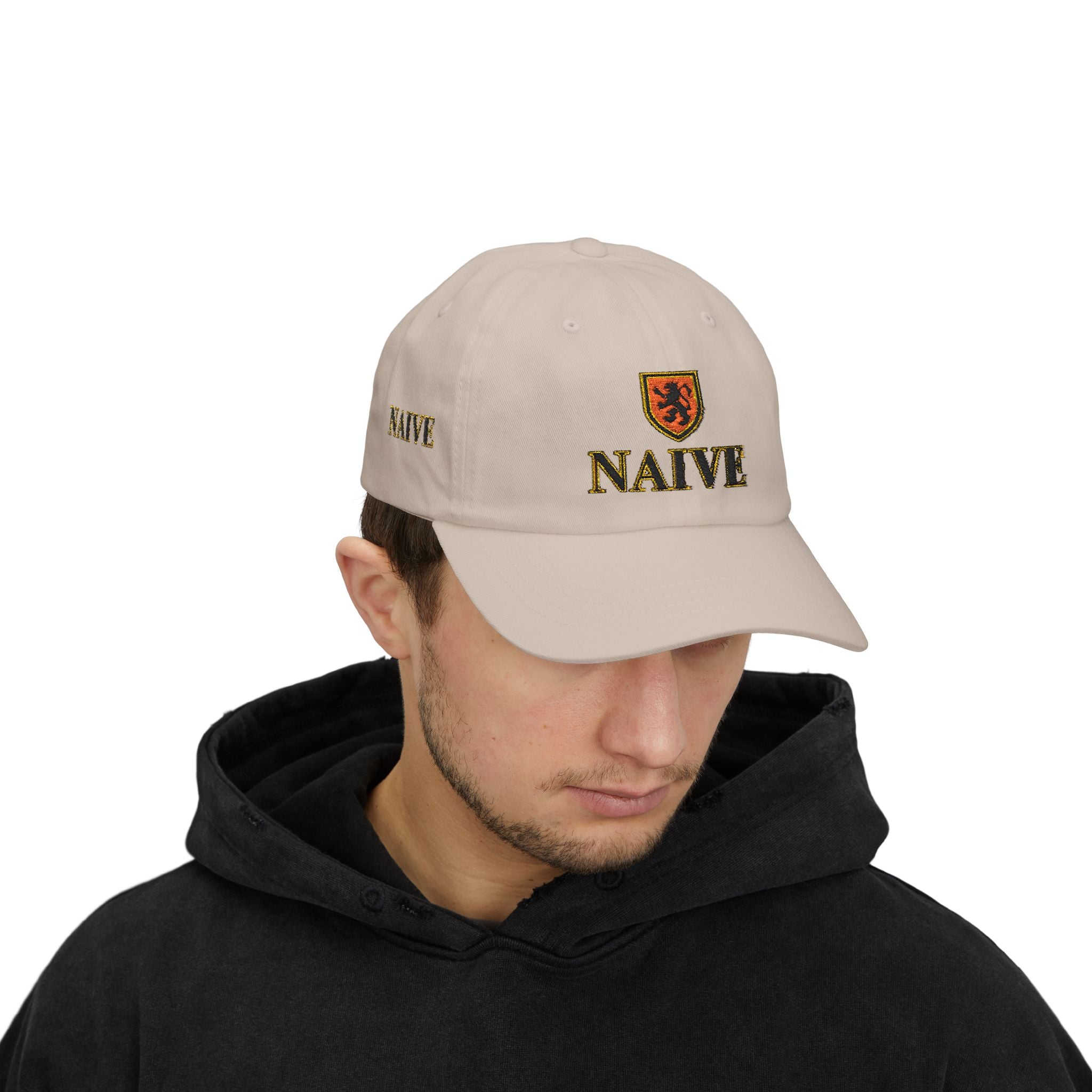 Naive Industries Embroidered Crest Classic Dad Cap | White Cotton Baseball Hat