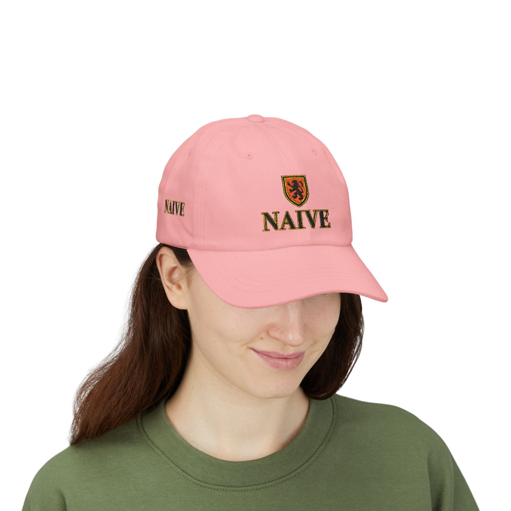 Naive Industries Embroidered Crest Classic Dad Cap | White Cotton Baseball Hat