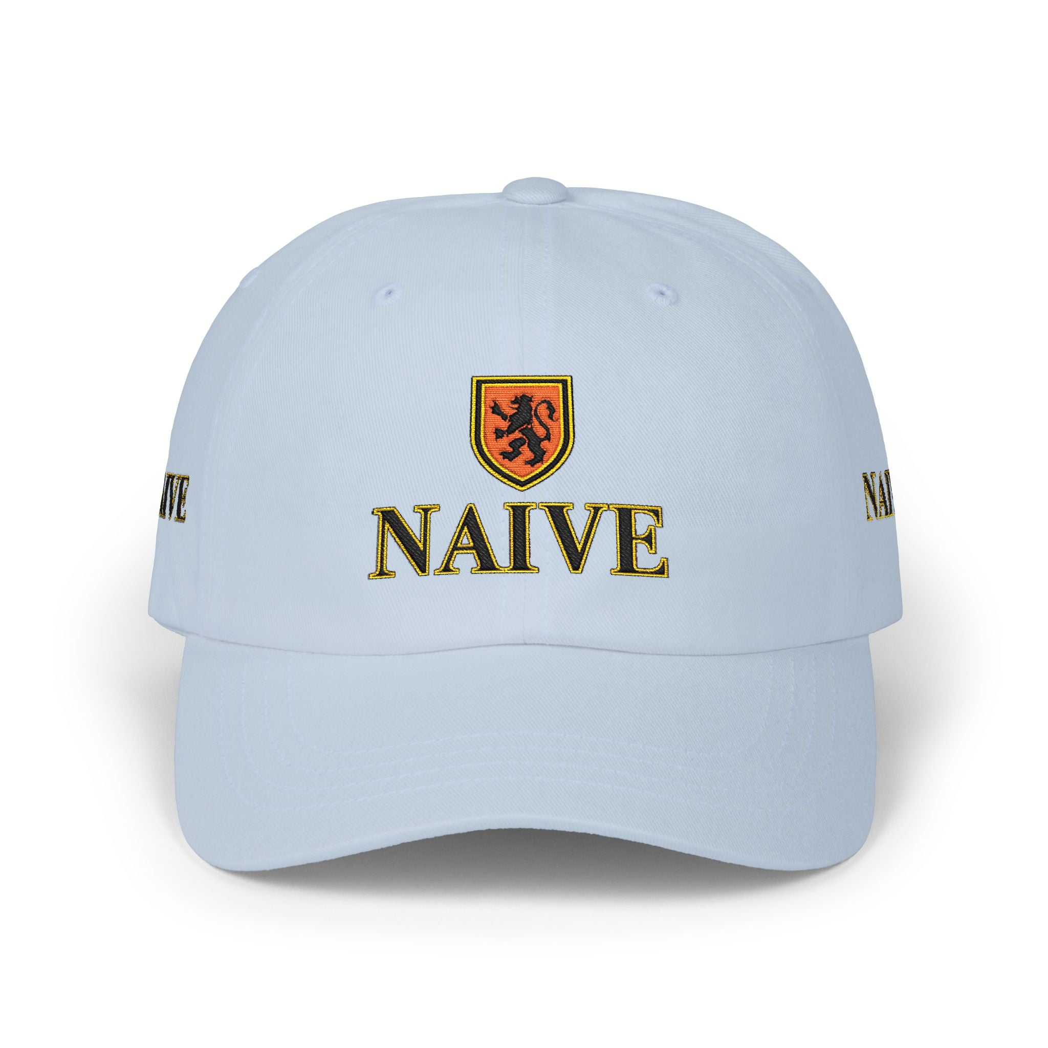 Naive Industries Embroidered Crest Classic Dad Cap | White Cotton Baseball Hat