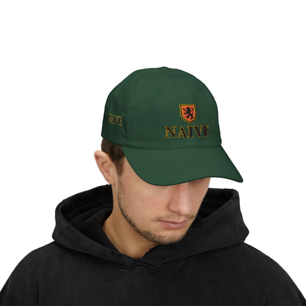 Naive Industries Embroidered Crest Classic Dad Cap | White Cotton Baseball Hat